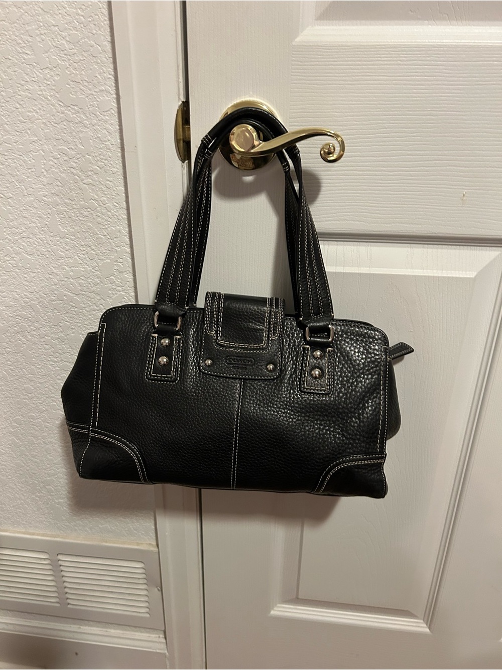 Coach Black Leather Satchel with White Contrast Stitching - Picture 3 of 11